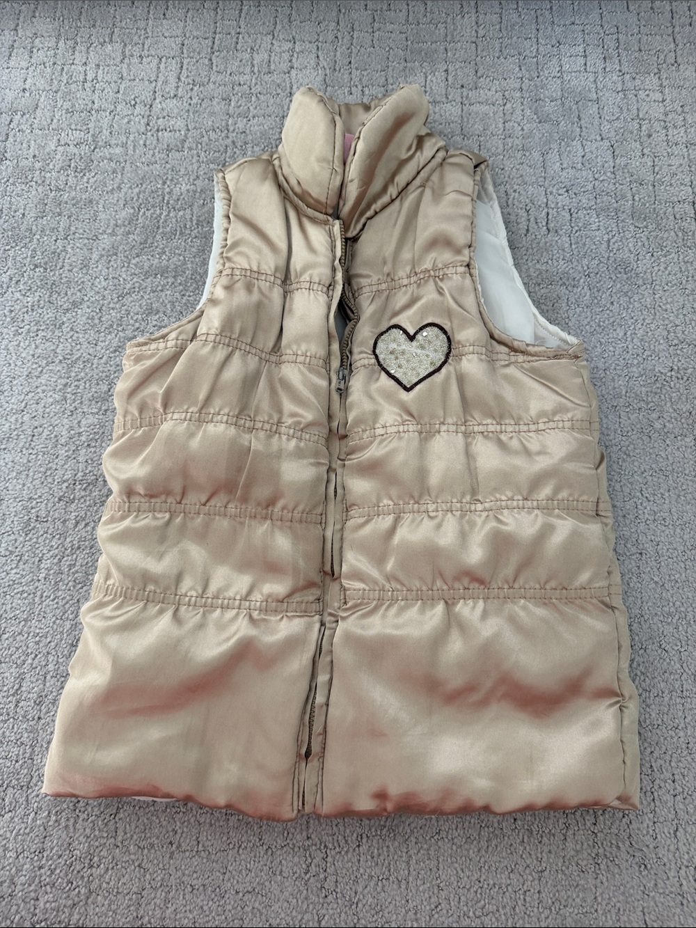 Girls' Cream Quilted Puffer Vest with Heart Accent